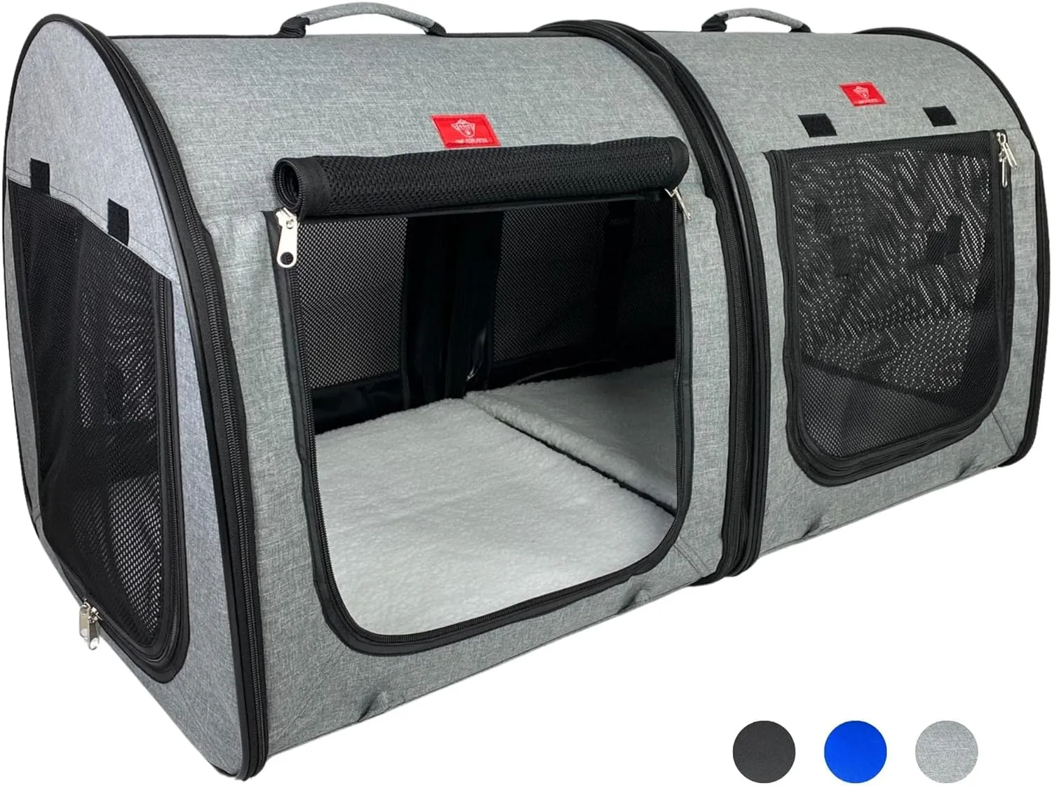 Portable 2-in-1 Double Pet Kennel/Shelter, Fabric, Black/Royal Blue 20"x20"x39" - Car Seat-Belt Fixture Included (Gray)