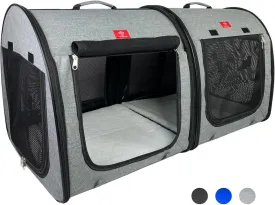 Portable 2-in-1 Double Pet Kennel/Shelter, Fabric, Black/Royal Blue 20"x20"x39" - Car Seat-Belt Fixture Included (Gray)