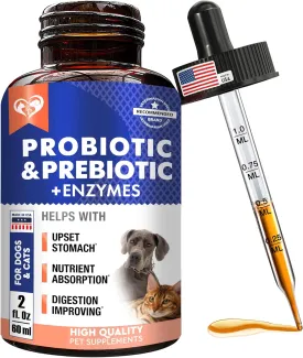 Probiotics & Prebiotics with Enzymes for Dogs and Cats - Digestive Gut Flora Health Pet Food Supplements - Constipation & Diarrhea and Gas Home Remedy - Upset Stomach Relief - Made in USA
