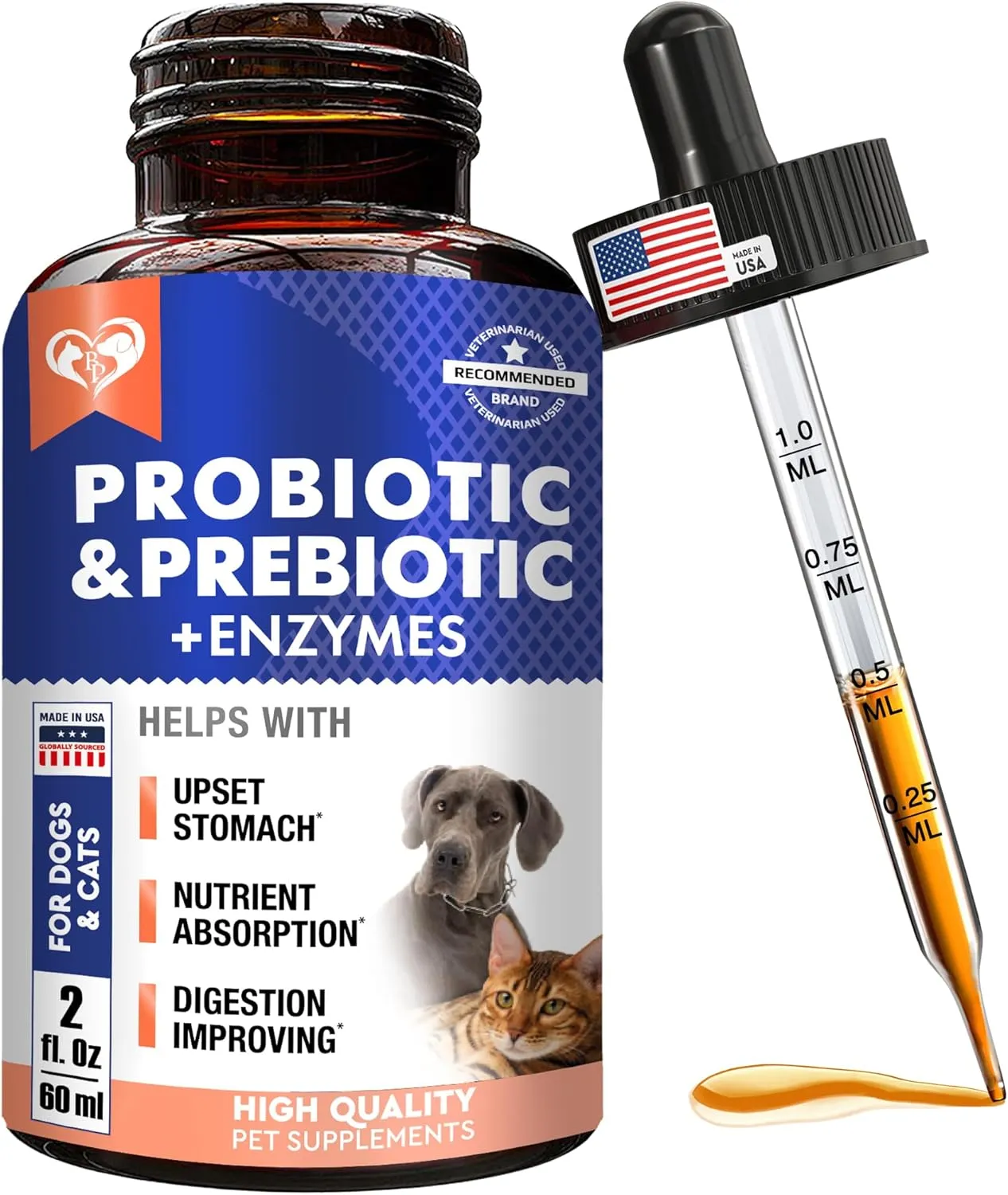 Probiotics & Prebiotics with Enzymes for Dogs and Cats - Digestive Gut Flora Health Pet Food Supplements - Constipation & Diarrhea and Gas Home Remedy - Upset Stomach Relief - Made in USA
