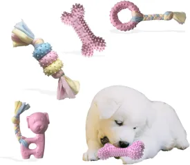 Puppy Toys for Teething, Dog Chew Toys for Small & Medium Breeds, Soothe Teething Pain, Lessens Anxiety, Durable, All-Natural Rubber and Cotton, 4-Pack (Pink)