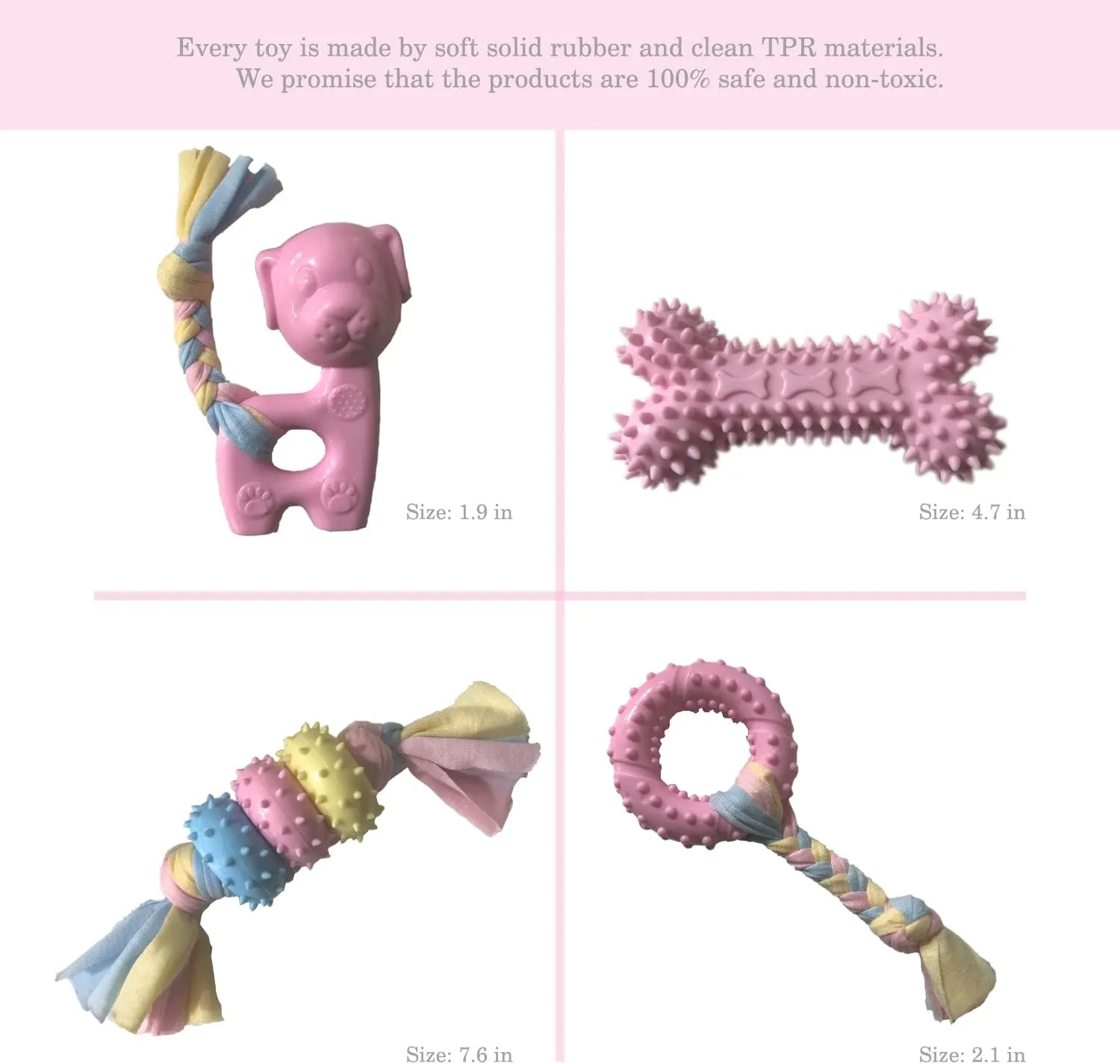 Puppy Toys for Teething, Dog Chew Toys for Small & Medium Breeds, Soothe Teething Pain, Lessens Anxiety, Durable, All-Natural Rubber and Cotton, 4-Pack (Pink)