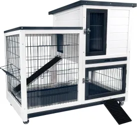 Rabbit Hutch Indoor Bunny Cage Outdoor with Urine Guards 2 Storey Mobile Guinea Pig Cage Wire Bottom 2 Trays