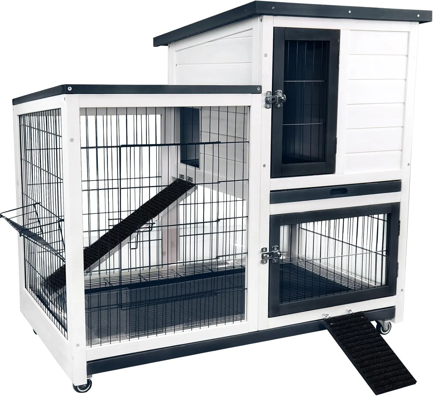 Rabbit Hutch Indoor Bunny Cage Outdoor with Urine Guards 2 Storey Mobile Guinea Pig Cage Wire Bottom 2 Trays