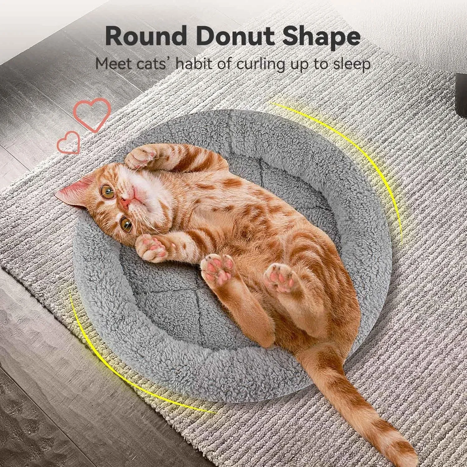 Round Cat Bed Washable Cat Donut Bed with Non-Slip Bottom Comfortable Soft Pet Bed for Indoor Cats/Gray Diameter: 15.75"