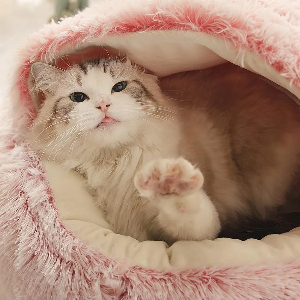 Shell Shaped Cat Bed, Lapcatz Nest Bed, Dog Bed with Cover Cave, Cozy Fluffy Plush Cat Pet Nest Bed, Deep Nest Cat Bed with Top, Waterproof Botto (GrayLong Plush, 19.6inch)