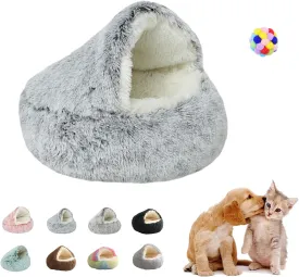 Shell Shaped Cat Bed, Lapcatz Nest Bed, Dog Bed with Cover Cave, Cozy Fluffy Plush Cat Pet Nest Bed, Deep Nest Cat Bed with Top, Waterproof Botto (GrayLong Plush, 19.6inch)
