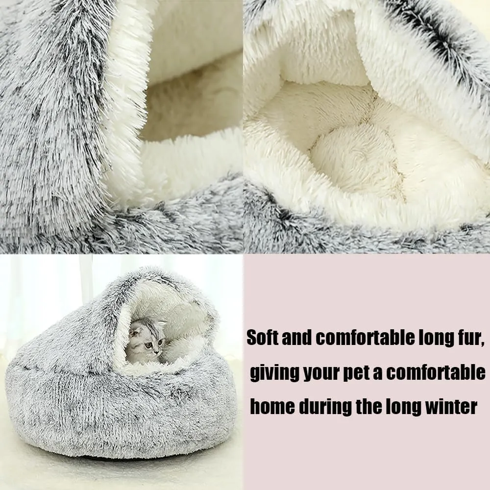 Shell Shaped Cat Bed, Lapcatz Nest Bed, Dog Bed with Cover Cave, Cozy Fluffy Plush Cat Pet Nest Bed, Deep Nest Cat Bed with Top, Waterproof Botto (GrayLong Plush, 19.6inch)