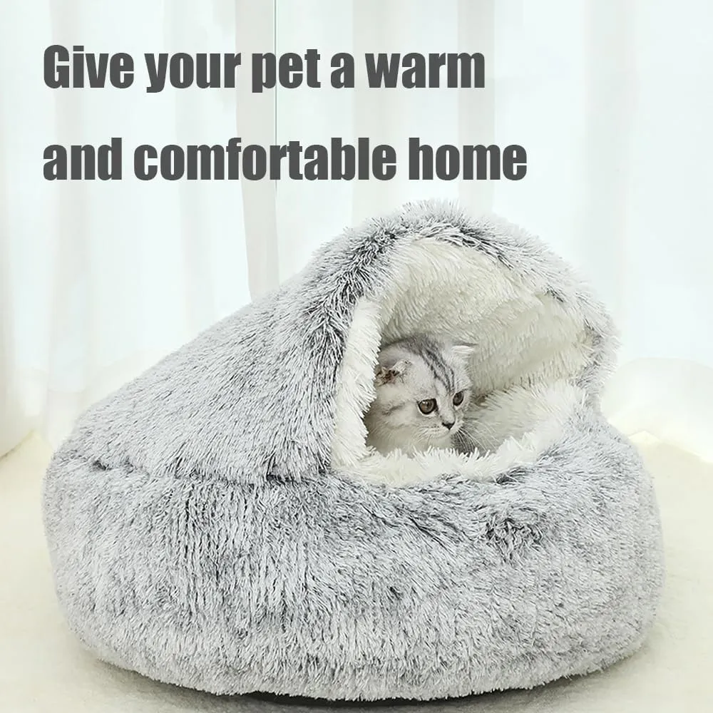 Shell Shaped Cat Bed, Lapcatz Nest Bed, Dog Bed with Cover Cave, Cozy Fluffy Plush Cat Pet Nest Bed, Deep Nest Cat Bed with Top, Waterproof Botto (GrayLong Plush, 19.6inch)