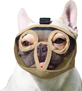 Short Snout Dog Muzzles- Adjustable Breathable Mesh Bulldog Muzzle for Biting Chewing Licking Training Grooming Dog Mask (Khaki, Medium/11-17")