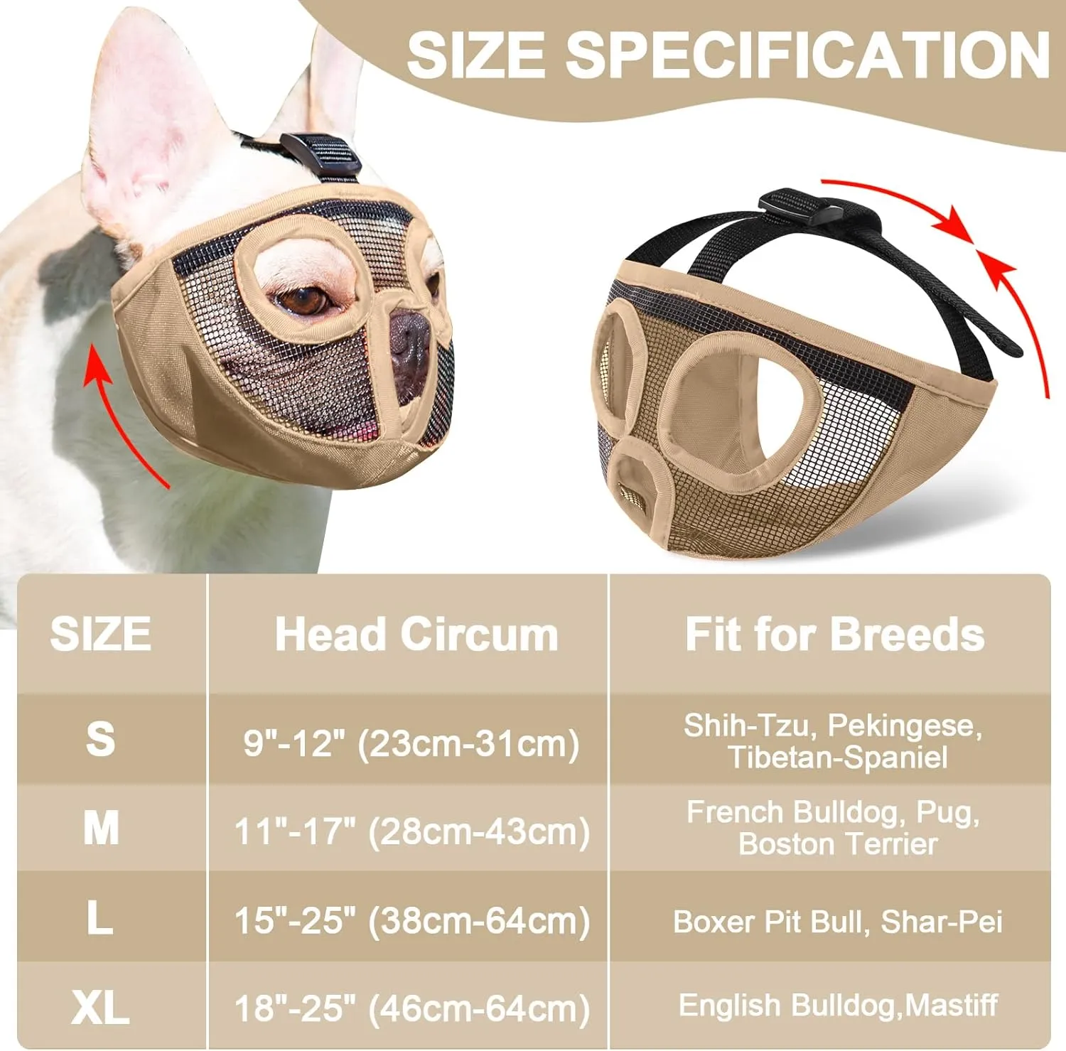 Short Snout Dog Muzzles- Adjustable Breathable Mesh Bulldog Muzzle for Biting Chewing Licking Training Grooming Dog Mask (Khaki, Medium/11-17")