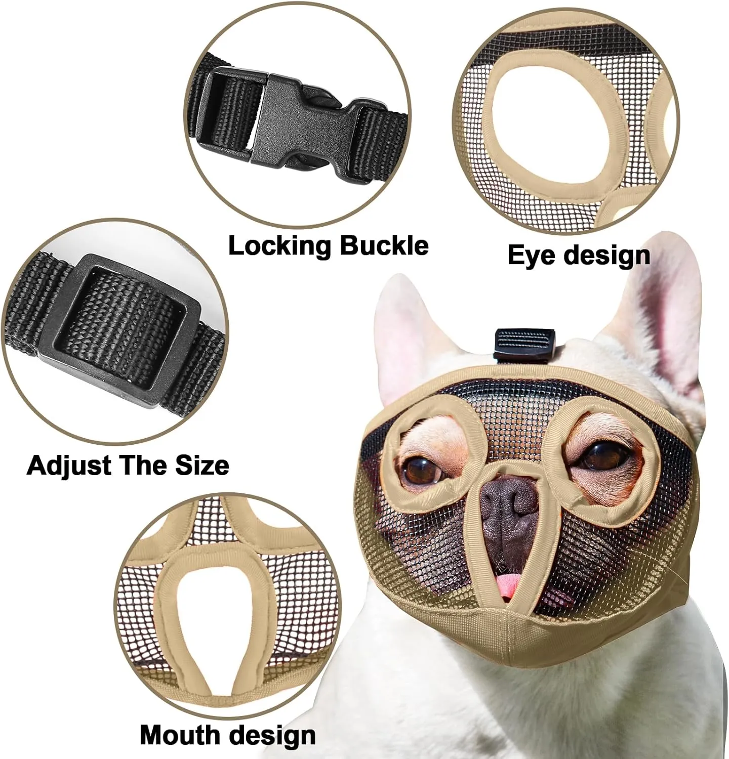 Short Snout Dog Muzzles- Adjustable Breathable Mesh Bulldog Muzzle for Biting Chewing Licking Training Grooming Dog Mask (Khaki, Medium/11-17")