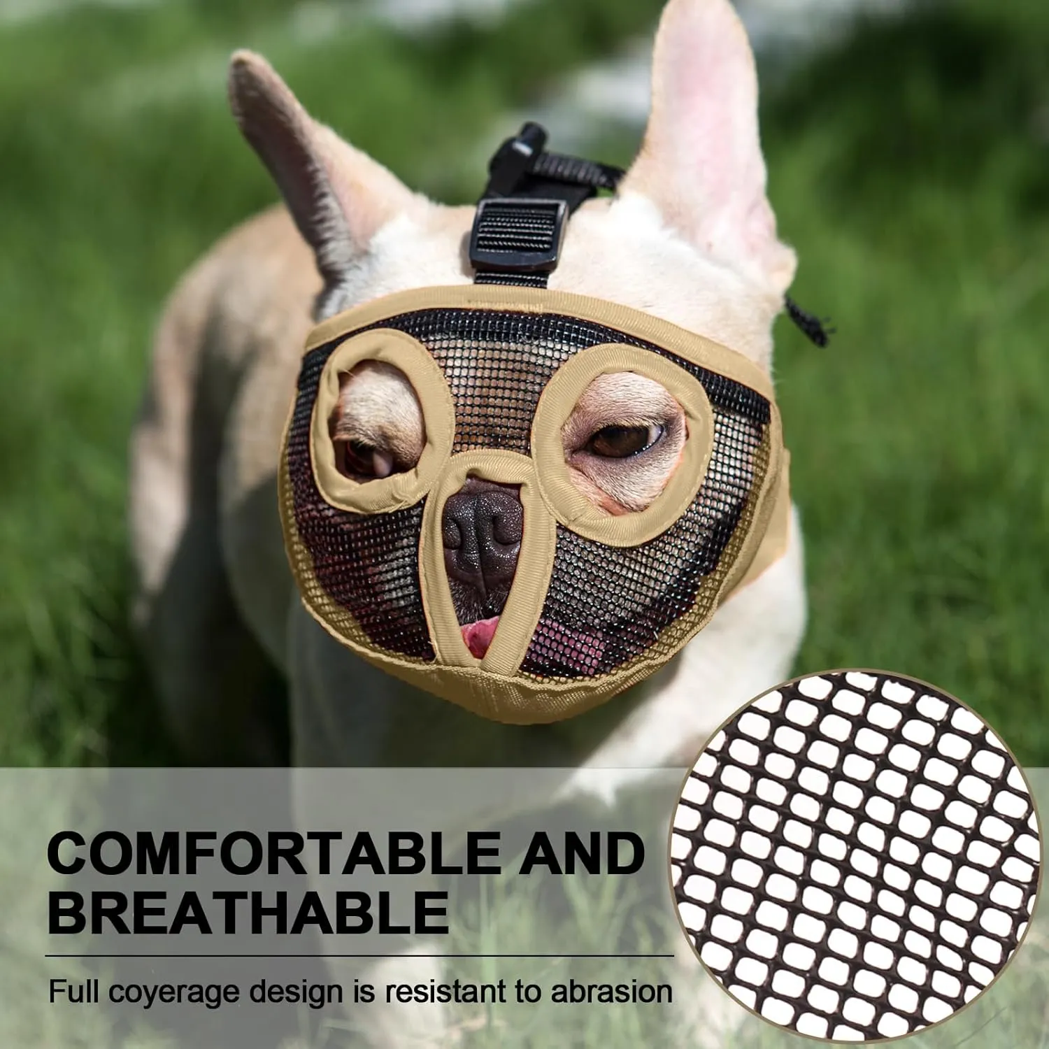 Short Snout Dog Muzzles- Adjustable Breathable Mesh Bulldog Muzzle for Biting Chewing Licking Training Grooming Dog Mask (Khaki, Medium/11-17")
