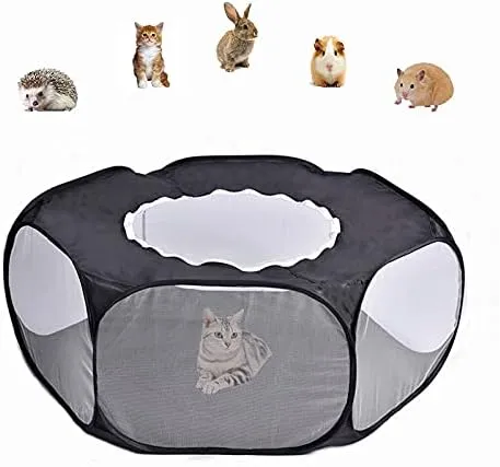Small Animals Cage Tent, Pet Playpen with Top Opening Foldable Breathable Yark Fence for Guinea Pig, Rabbits, Hamster, Chinchillas and Hedgehogs (Black)