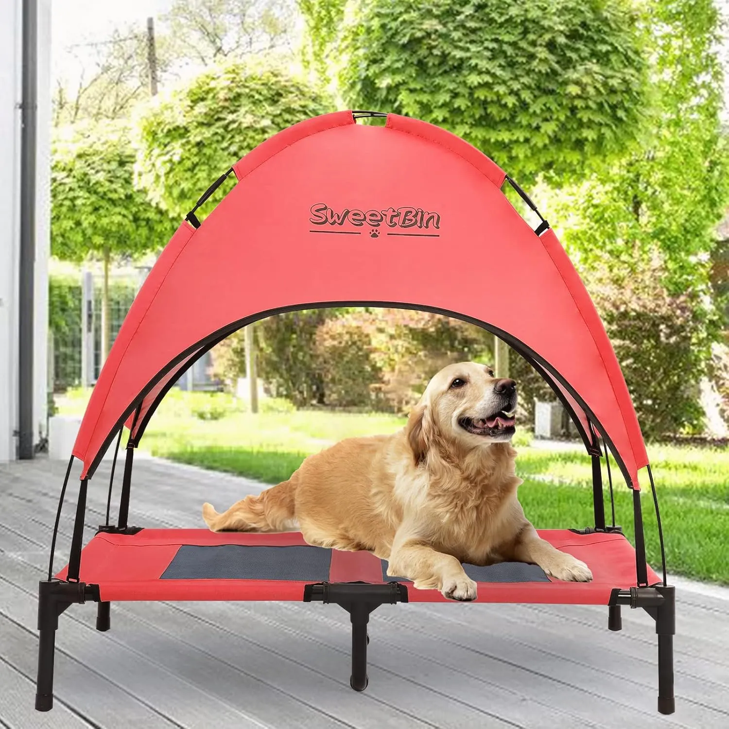 S/M/L Outdoor Elevated Dog Cot with Canopy & Side Shade for Camping Small Medium Dogs (Carry Bag), Portable Cooling Raised Dog Bed with and Side for Beach