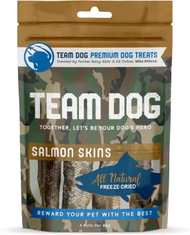 Team Dog Wild Alaskan Salmon Skin Treats for Dogs | Gluten Free, Grain Free, Single Ingredient | Freeze Dried Dog Treats Rich in Omega 3 | Promotes Healthy Skin & Coat | 4 Dog Chews per Bag