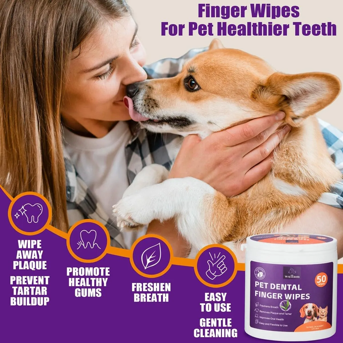 Teeth Cleaning Finger Wipes for Dogs & Cats, Soft Pet Dental Care Wipes, Disposable Pet Tooth Brushing Wipes, Gentle Cleaning & Gum Care Finger Pet Wipes (100 Wipes)