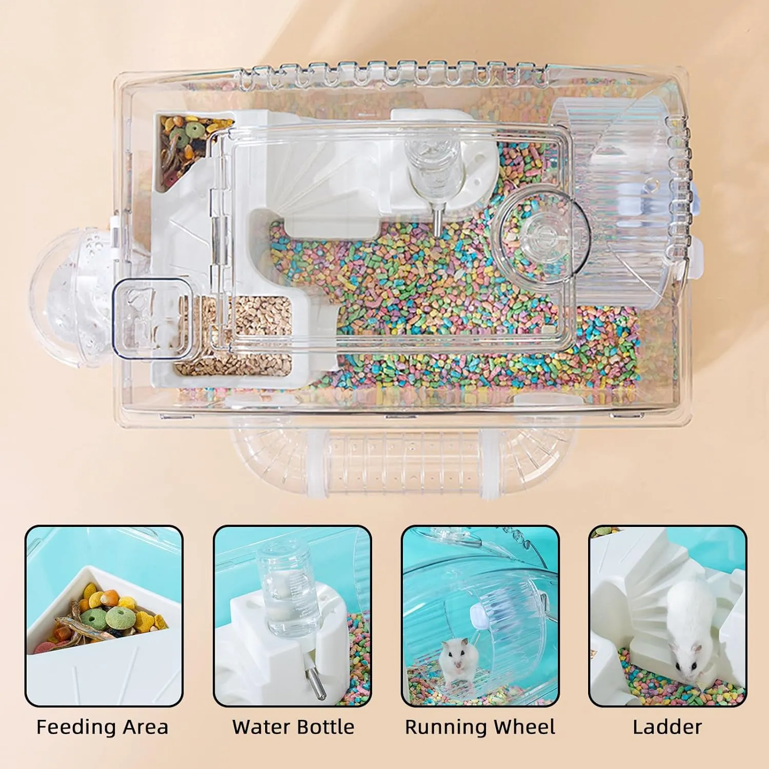 Tfwadmx Dwarf Hamster Cage,Acrylic Rat Cage,Hamster Home Small Animal Cages with Tube Exercise Wheel Mouse Habitat for Gerbils Mice 17.7x11x11.8