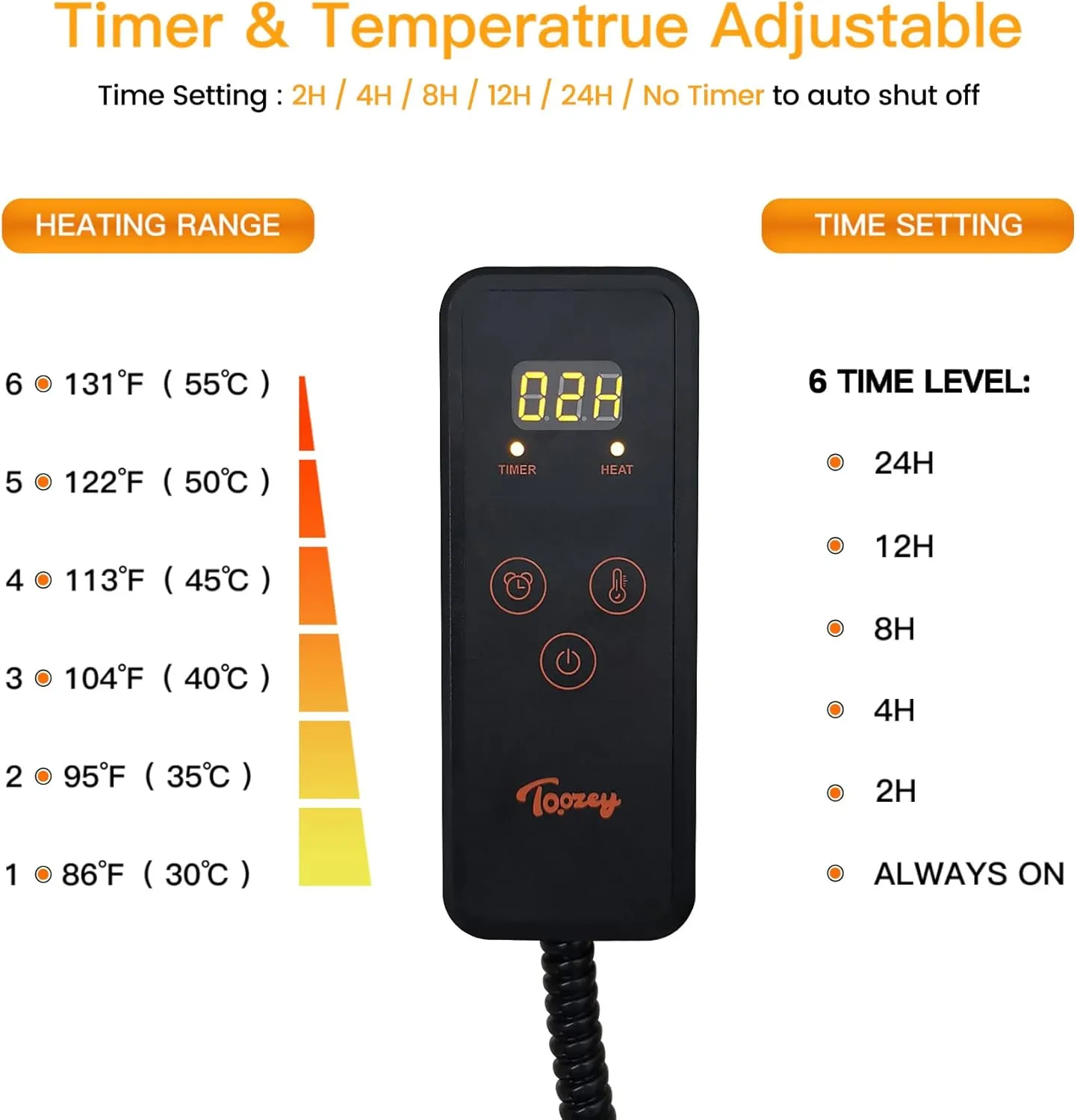 Toozey Pet Heating Pad, 6 Adjustable Temperature Dog Cat Heating Pad with Timer, Waterproof Heated Cat Bed with Chew Resistant Cord, Indoor Electric Pet Heated Mat 18x16in