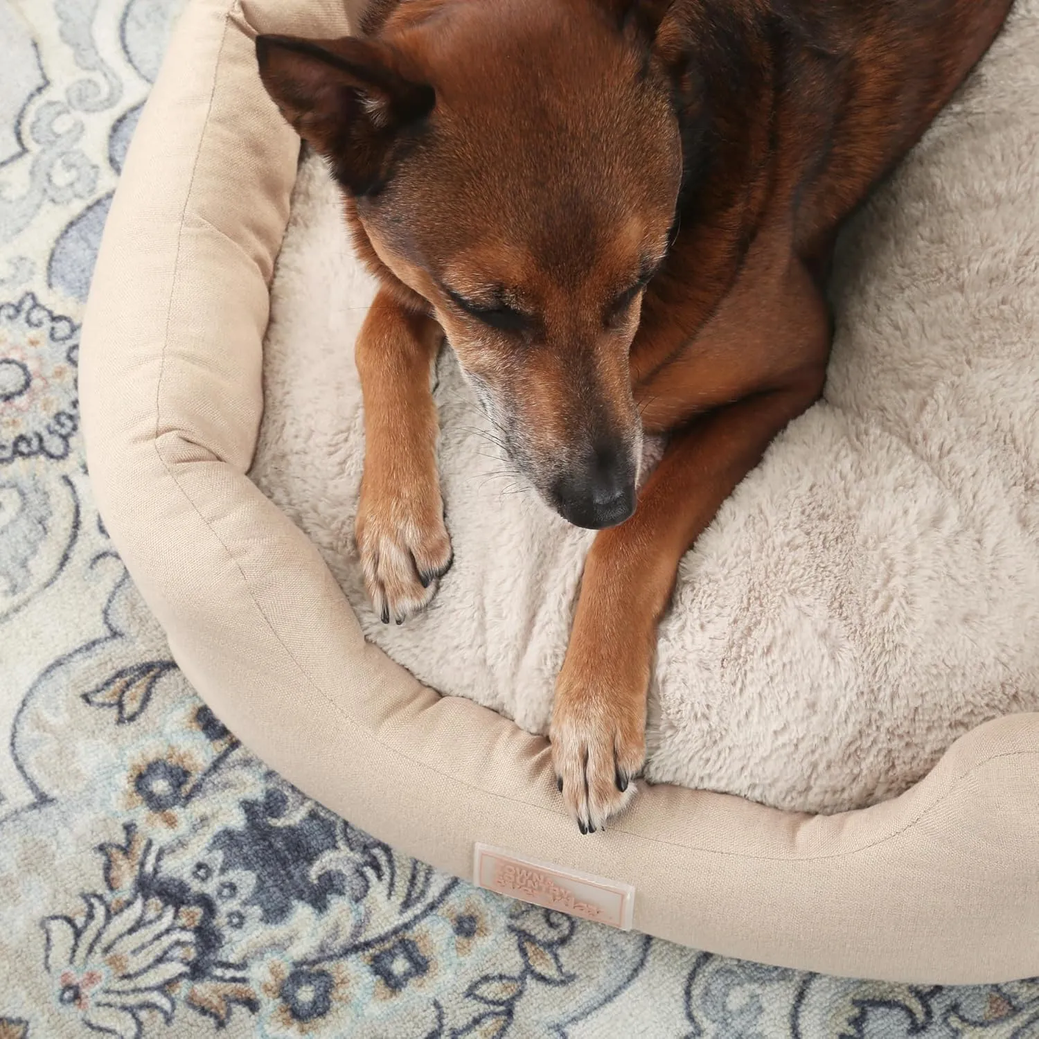 TOWN & COUNTRY EVERYDAY CuddleTown Faux Linen Comfy Cozy Cuddler Pet Bed, Supportive & Calming, Non-Slip Bottom, Machine Washable Cover, Beige, Small 22"x20"x7"