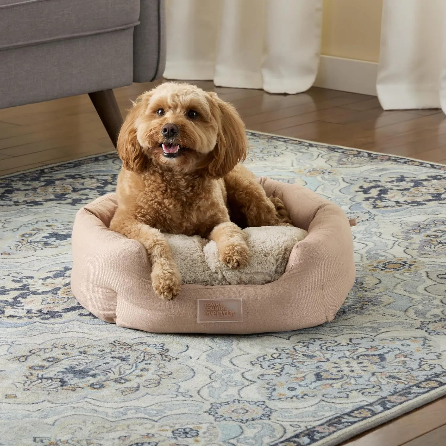TOWN & COUNTRY EVERYDAY CuddleTown Faux Linen Comfy Cozy Cuddler Pet Bed, Supportive & Calming, Non-Slip Bottom, Machine Washable Cover, Beige, Small 22"x20"x7"