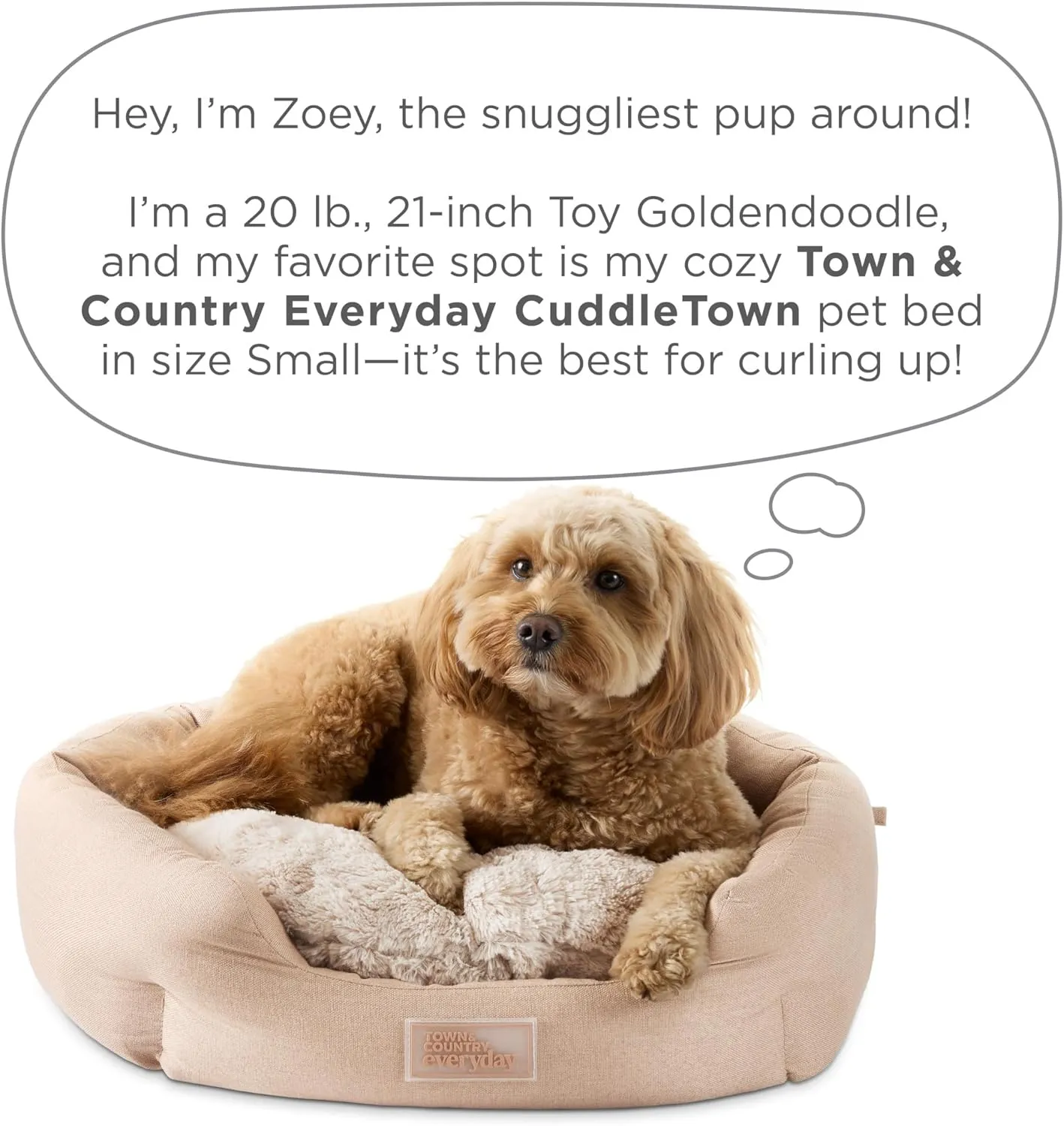 TOWN & COUNTRY EVERYDAY CuddleTown Faux Linen Comfy Cozy Cuddler Pet Bed, Supportive & Calming, Non-Slip Bottom, Machine Washable Cover, Beige, Small 22"x20"x7"