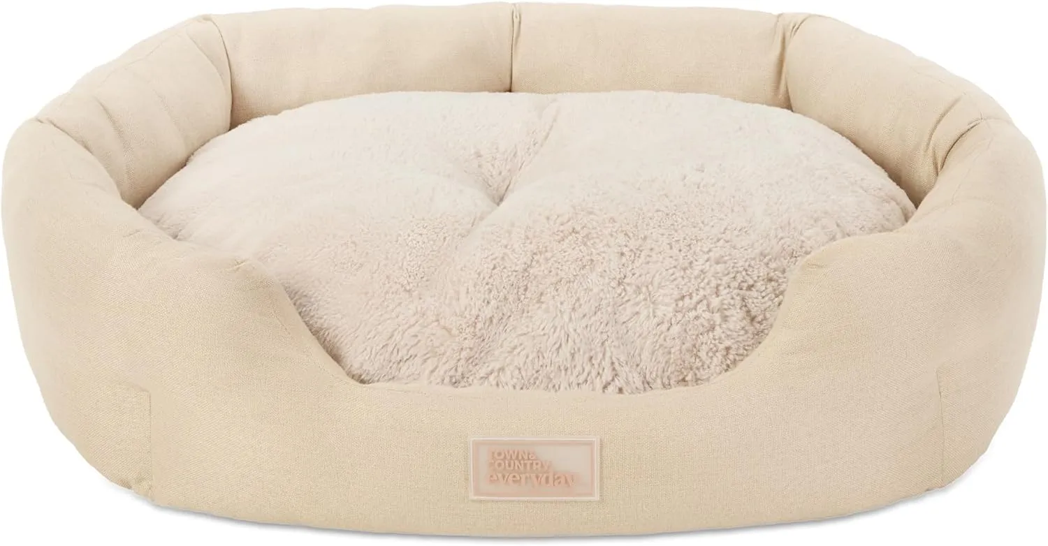 TOWN & COUNTRY EVERYDAY CuddleTown Faux Linen Comfy Cozy Cuddler Pet Bed, Supportive & Calming, Non-Slip Bottom, Machine Washable Cover, Beige, Small 22"x20"x7"