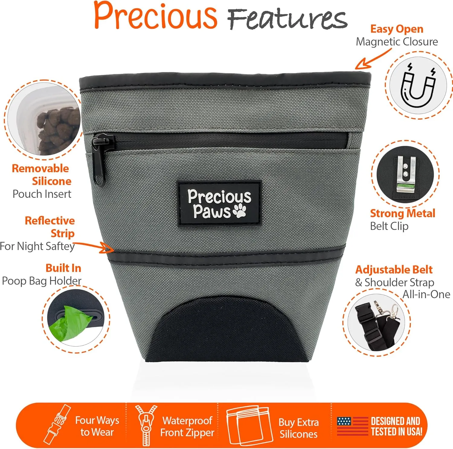 Treat Bag - Large Pouch With Silicone Insert and Magnetic Closure for Easy Dog Training and Storage - Poop Bag Holder - Treat Pouches (Grey)