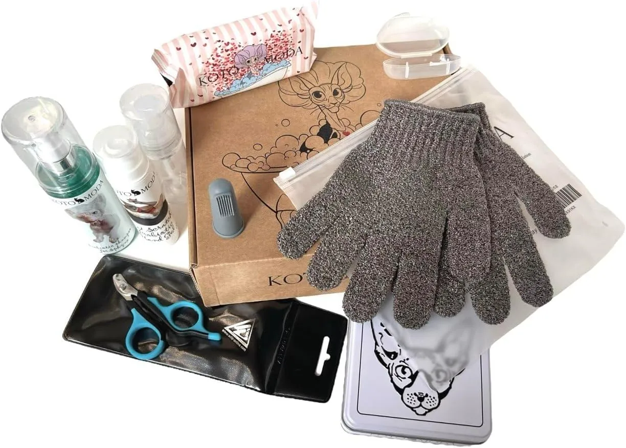 Ultimate Kit for Cats and Small Animals: Unique Care Set for Your pet Probiotic Shampoo for Sphynx and Naked Cats, Wet Wipes, Bathing Gloves, Nail Clippers, Shower caps, Finger Toothbrush