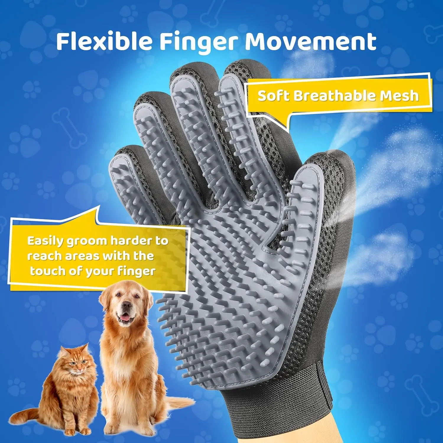 Upgrade Version Pet Grooming Glove - Gentle Deshedding Brush Glove - Efficient Pet Hair Remover Mitt - Enhanced Five Finger Design - Perfect for Dog & Cat with Long & Short Fur - 1 Pair (Gray)