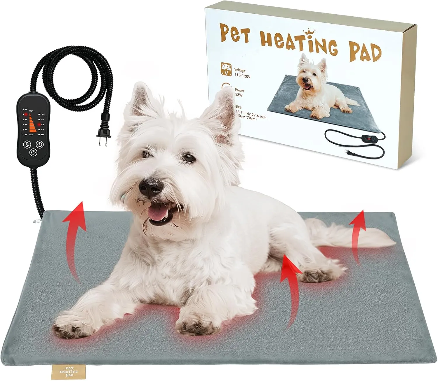 Vannon Pet Heating Pad, Heated Cat Dog Bed with Chew Resistant Cord, Outdoor Heated Mat for Dog House, Adjustable Indoor Warming Mat for Pets, Waterproof & Overheat Protection, 27.6''  15.7''
