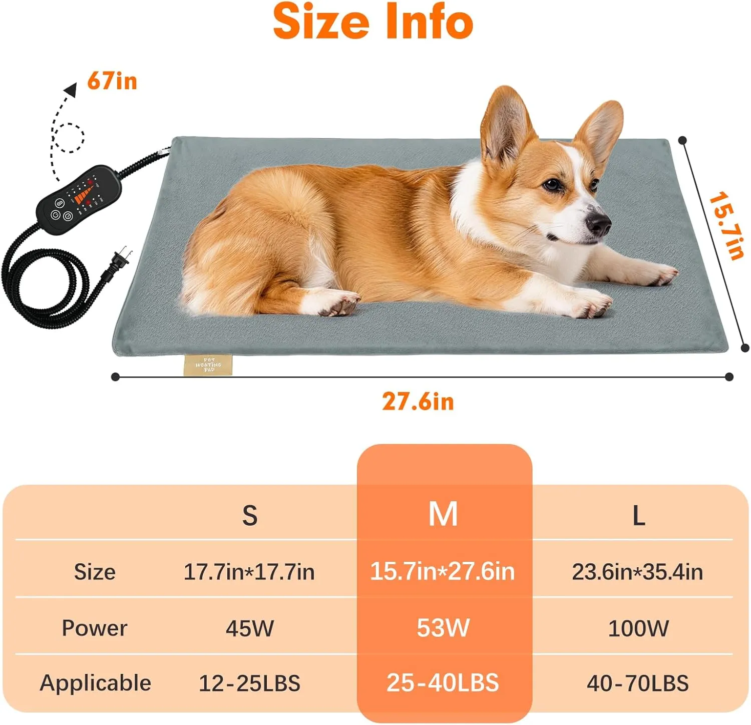 Vannon Pet Heating Pad, Heated Cat Dog Bed with Chew Resistant Cord, Outdoor Heated Mat for Dog House, Adjustable Indoor Warming Mat for Pets, Waterproof & Overheat Protection, 27.6''  15.7''