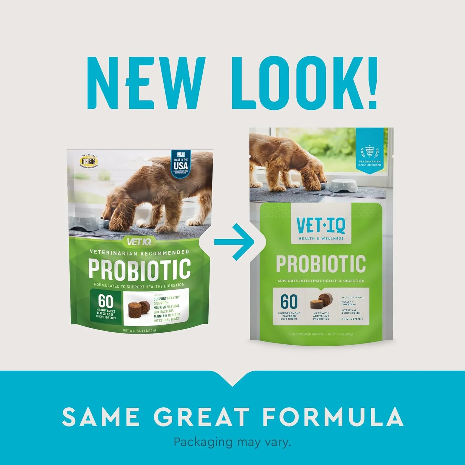 VetIQ Probiotic Supplement for Dogs, Digestive Support for Dogs, Nourishes Gut Bacteria and Supports Bowel Function, Hickory Smoke Flavor, Made in The USA, 60 Count