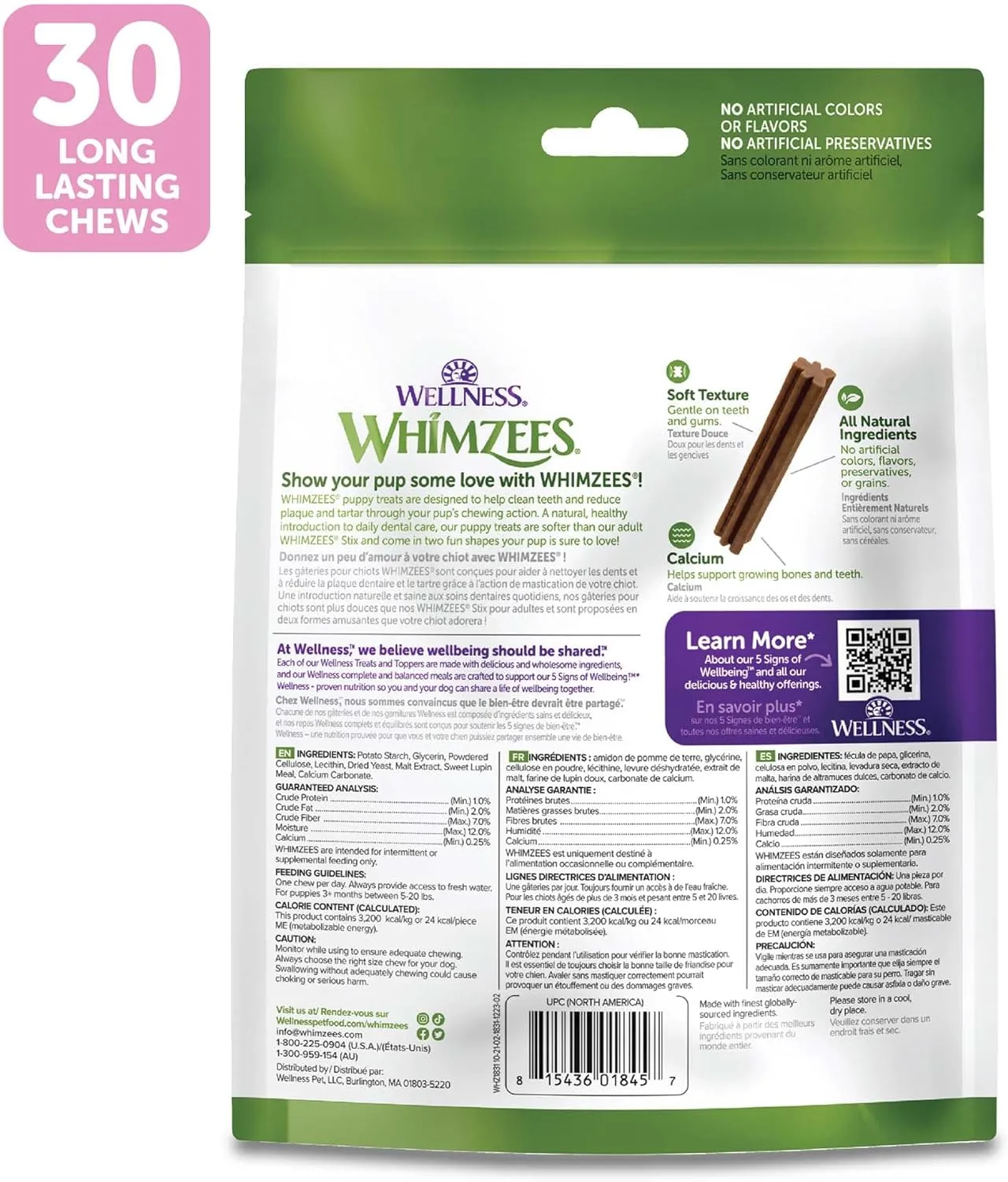 Wellness WHIMZEES Puppy Dog Dental Treats, Natural Chews, Extra Small & Small Size Stick, (30 Count)