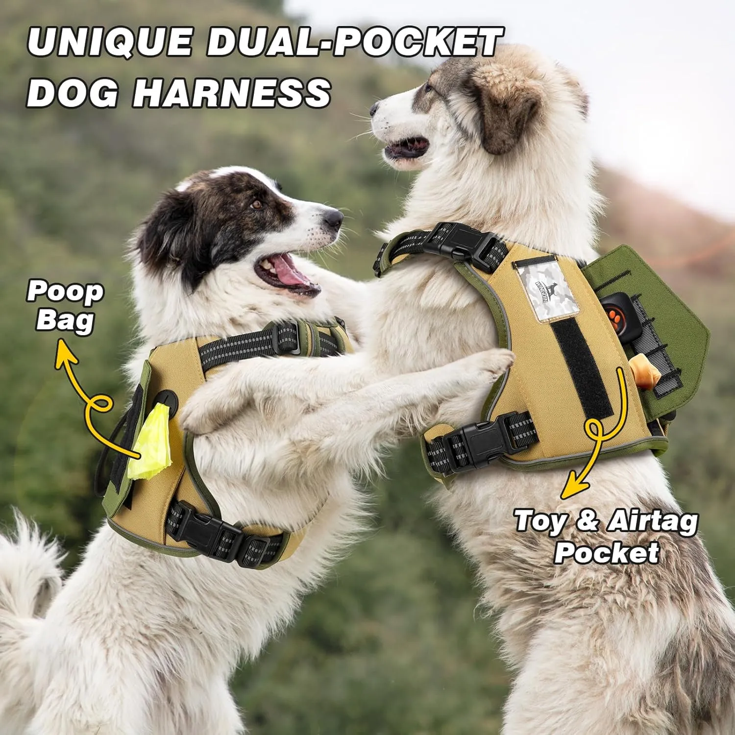 WINGOIN Tactical Dog Harness for Extra Large Dogs, No Pull Harness with Handle Pockets Poop Bag, Reflective Dog Vest, Military Heavy Duty Big Dog Harness for Walking Hiking Training (Khaki, XL)