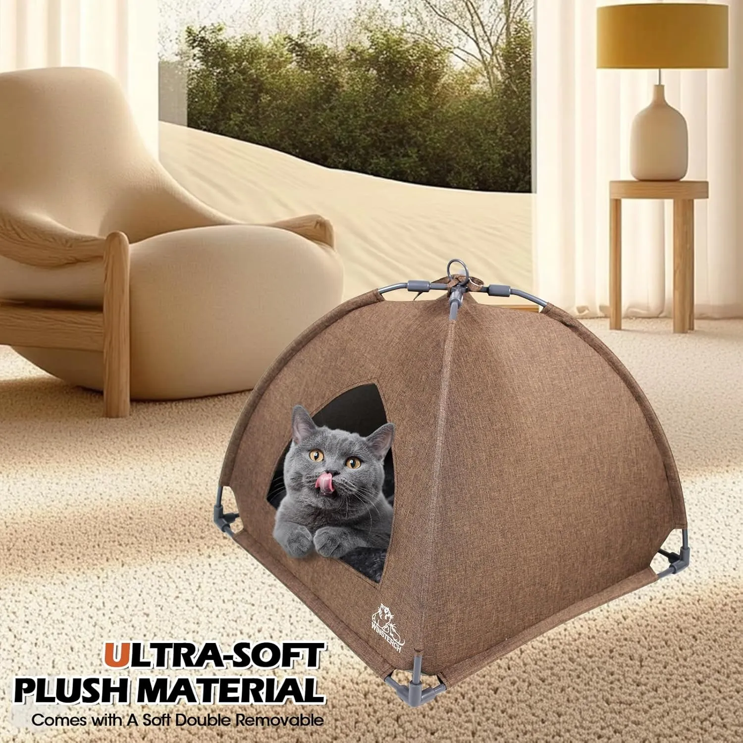 Winsterch Cat Bed Cave for Indoor Cats,Calming Cat Tent Cave Bed for Cats,Small Dogs, Puppy, Kitty, Kitten Bed,Cat House (18.5'' x 18.5'' x 15.8'', Brown)
