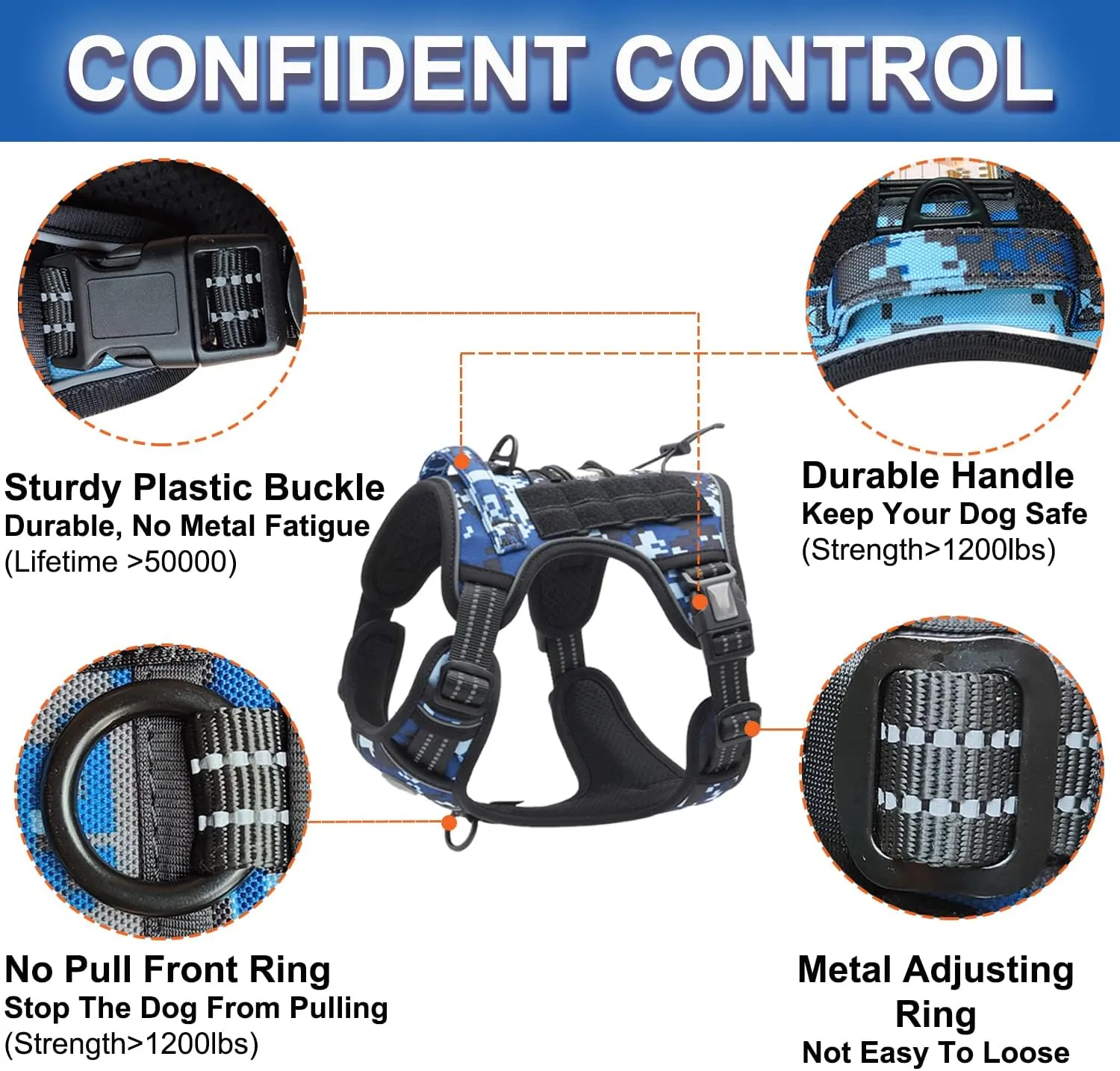 XSFANCYFUN Tactical Dog Harness, Blue Camouflage, Small, No Pull Adjustable with Removable Spike Strips