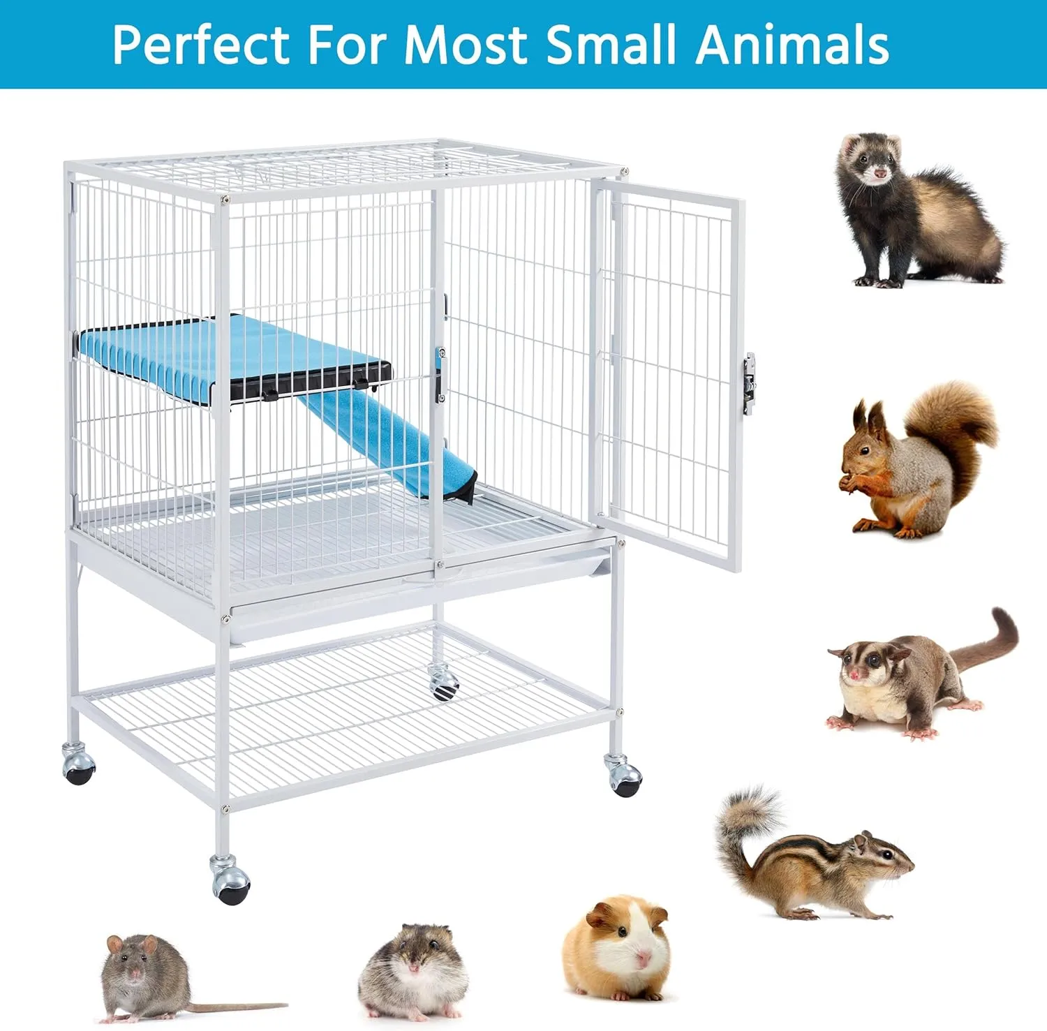 Yaheetech Small Animal Cage, Metal Pet Cage with Removable Tray/Ladder/Wheels, Ferret Cage, Chinchilla Cage, Sugar Glider Cage, White