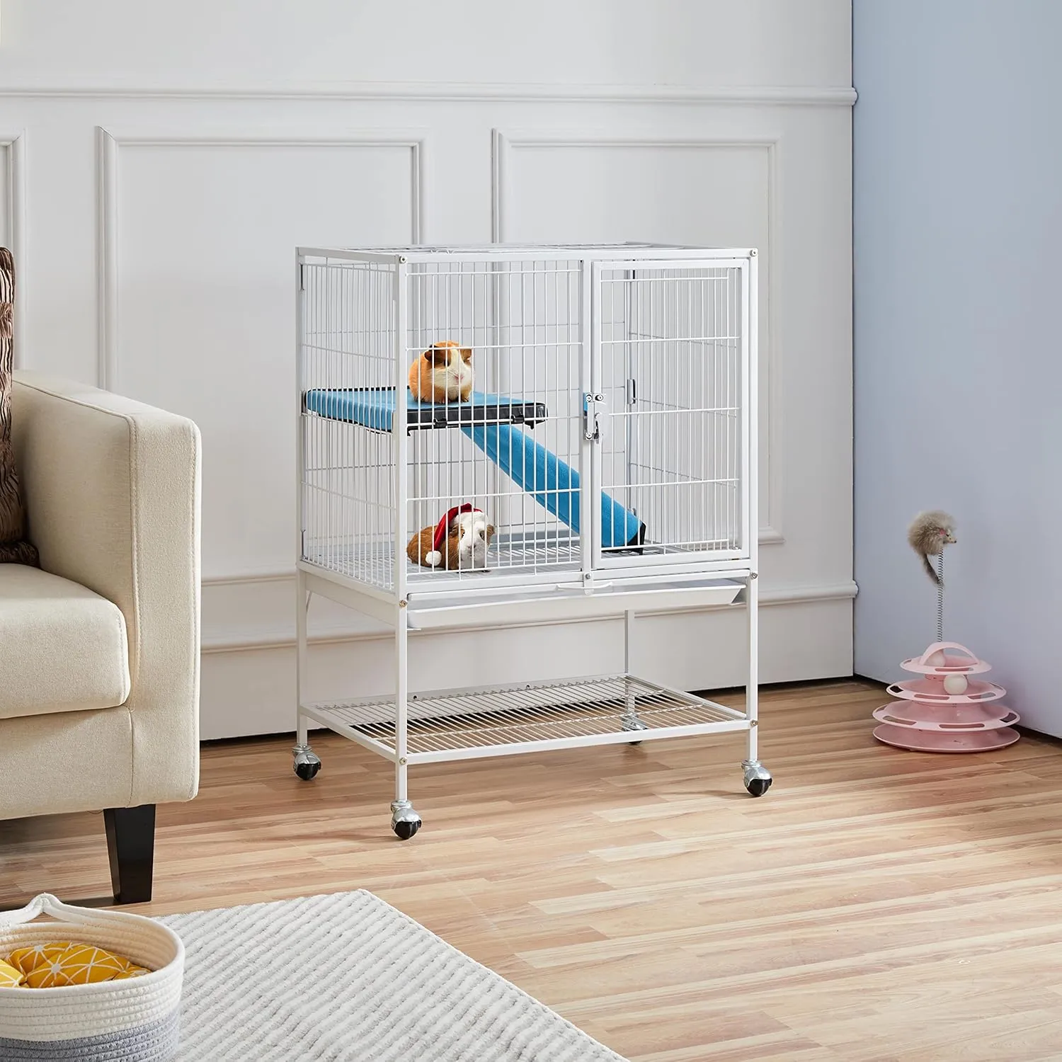 Yaheetech Small Animal Cage, Metal Pet Cage with Removable Tray/Ladder/Wheels, Ferret Cage, Chinchilla Cage, Sugar Glider Cage, White