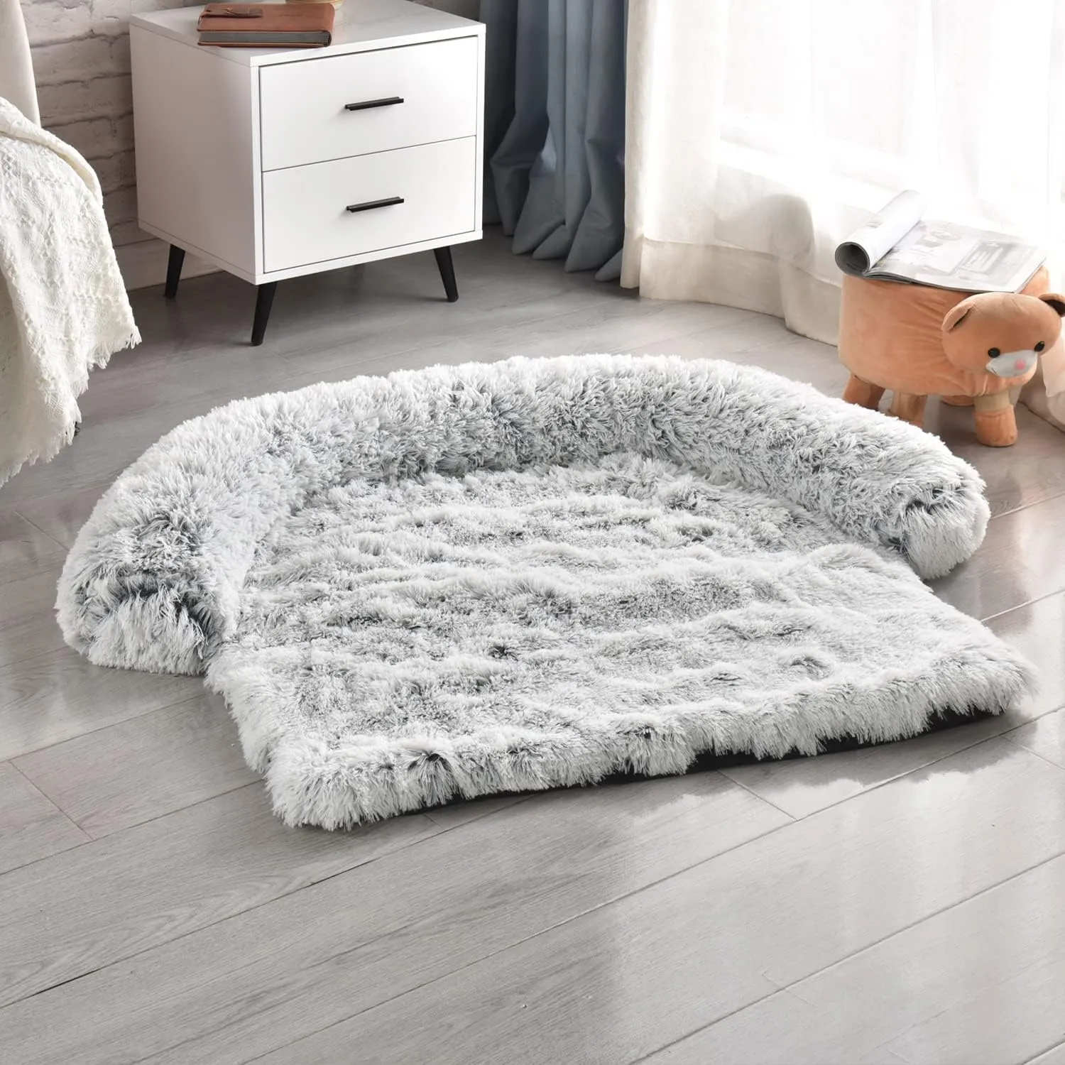 Yapudoo Plush Dog Bed Sofa Cover, Deluxe Plush Soft Pet Couch Protector Pet Beds, Couch Cover for Large Dogs, Removable Washable Anti-Slip Pet Bed with Memory Foam Neck Bolster Silver Gray Large