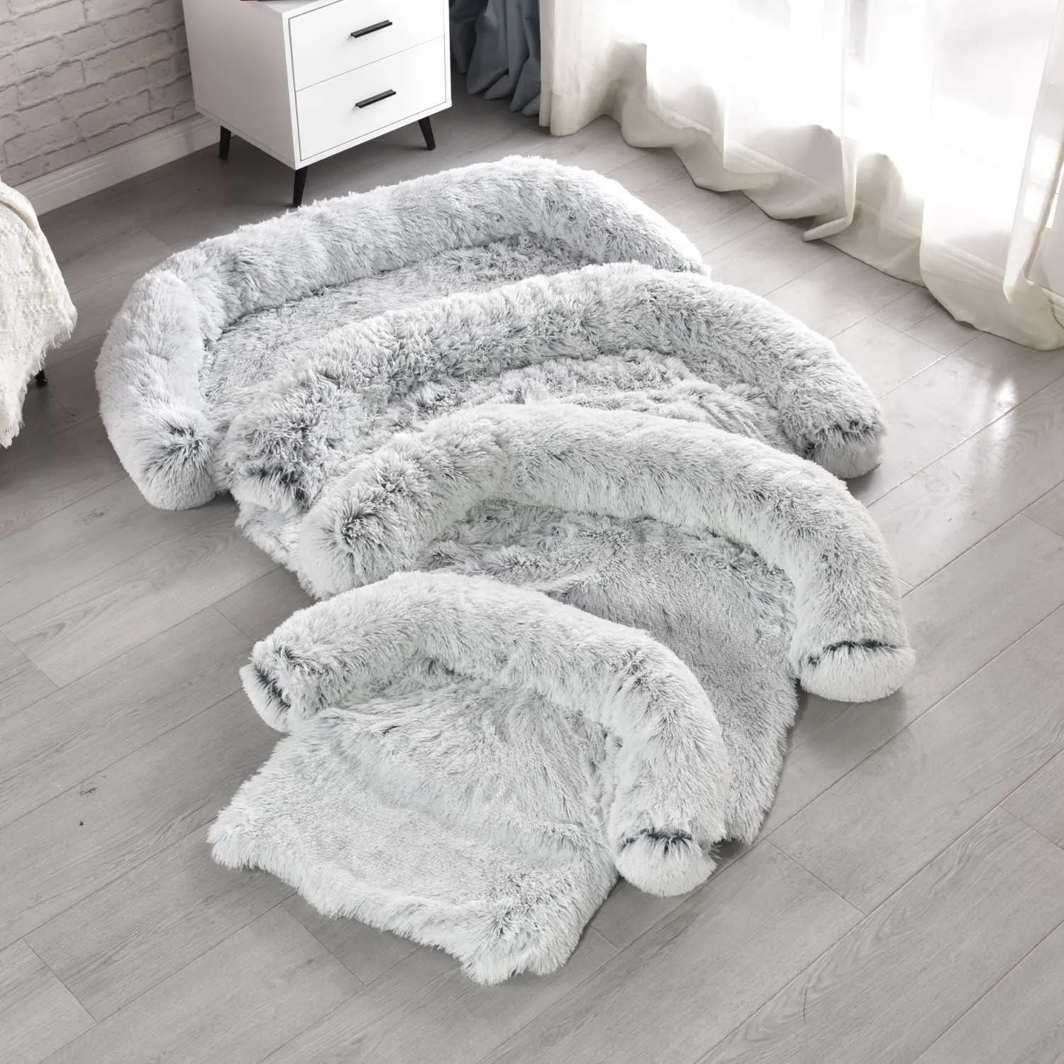 Yapudoo Plush Dog Bed Sofa Cover, Deluxe Plush Soft Pet Couch Protector Pet Beds, Couch Cover for Large Dogs, Removable Washable Anti-Slip Pet Bed with Memory Foam Neck Bolster Silver Gray Large