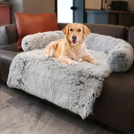 Yapudoo Plush Dog Bed Sofa Cover, Deluxe Plush Soft Pet Couch Protector Pet Beds, Couch Cover for Large Dogs, Removable Washable Anti-Slip Pet Bed with Memory Foam Neck Bolster Silver Gray Large