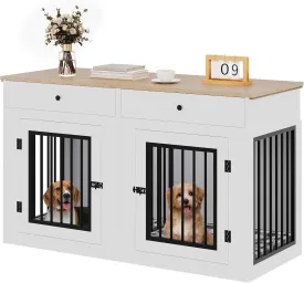 YITAHOME 60" Wooden Dog Crate Furniture with Removable Divider & Storage Drawers, Double Door Kennel with Locks for Medium and Large Dogs, Multi-Functional Dog Crate End Table for Indoor use, White