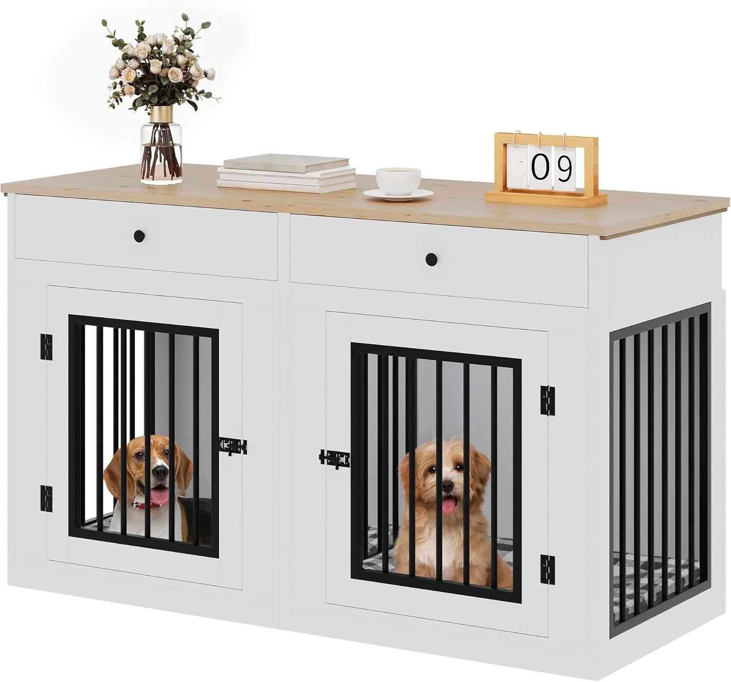 YITAHOME 60" Wooden Dog Crate Furniture with Removable Divider & Storage Drawers, Double Door Kennel with Locks for Medium and Large Dogs, Multi-Functional Dog Crate End Table for Indoor use, White