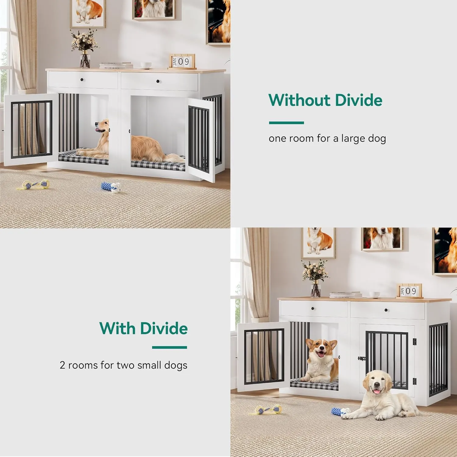 YITAHOME 60" Wooden Dog Crate Furniture with Removable Divider & Storage Drawers, Double Door Kennel with Locks for Medium and Large Dogs, Multi-Functional Dog Crate End Table for Indoor use, White