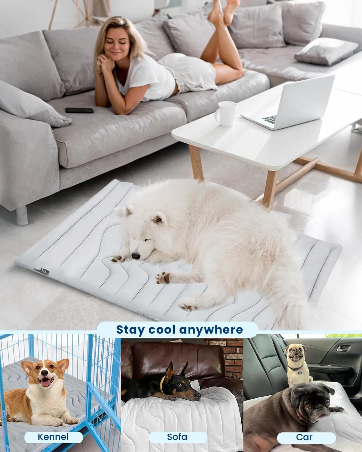 ZonLi Dog Cooling Mat, 48" x 28"Large, Cooling Pad Reversible (Cool & Warm), Pet Cool Mats for Dog and Cat use in Crate, Kennel, Bed, Sofa, Machine Washable, Durable, Non-Gel, Glacial Grey