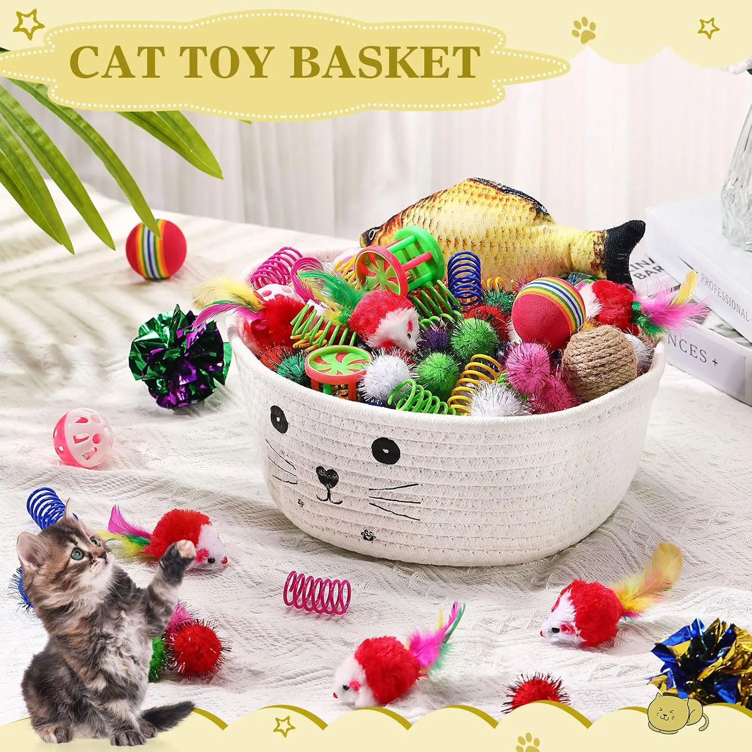 Zopeal 58 Pcs Cat Storage Basket Gift Toys Set, Colorful Flashing Balls Pet Bell Crinkle Balls Spring Toys Attract Cat to Swat, Bite, Hunt, Interactive for Pet(White)