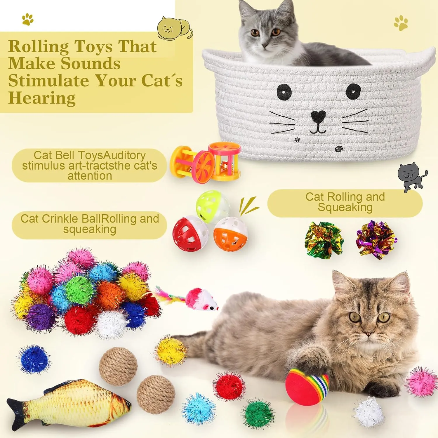 Zopeal 58 Pcs Cat Storage Basket Gift Toys Set, Colorful Flashing Balls Pet Bell Crinkle Balls Spring Toys Attract Cat to Swat, Bite, Hunt, Interactive for Pet(White)
