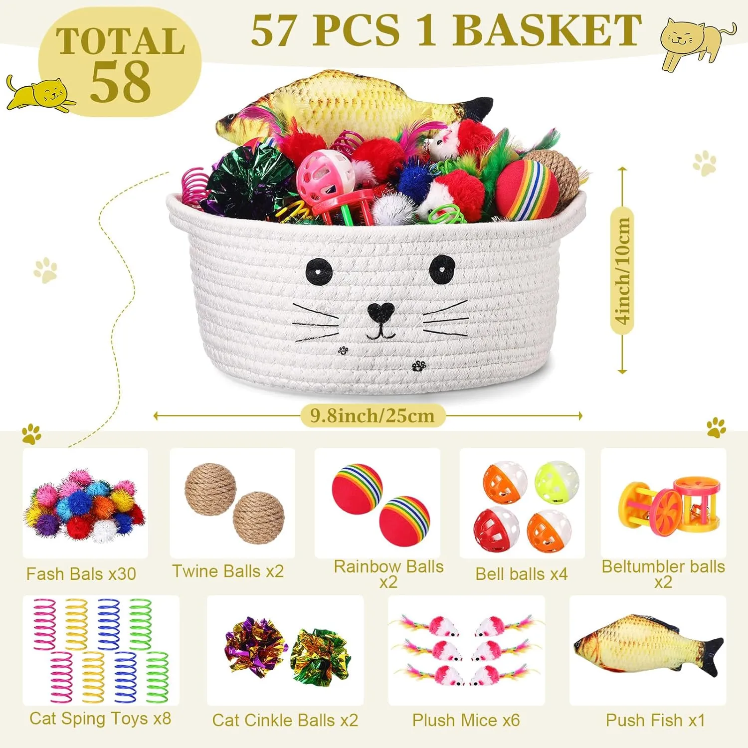 Zopeal 58 Pcs Cat Storage Basket Gift Toys Set, Colorful Flashing Balls Pet Bell Crinkle Balls Spring Toys Attract Cat to Swat, Bite, Hunt, Interactive for Pet(White)