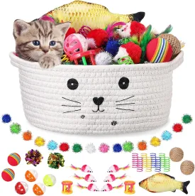 Zopeal 58 Pcs Cat Storage Basket Gift Toys Set, Colorful Flashing Balls Pet Bell Crinkle Balls Spring Toys Attract Cat to Swat, Bite, Hunt, Interactive for Pet(White)